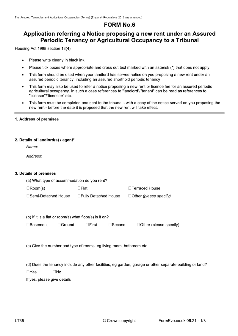 LT36 Application referring a Notice proposing a new rent under an Assured Periodic Tenancy or Agricultural Occupancy to a Tribunal Form 6 [LTA5 HA34] preview